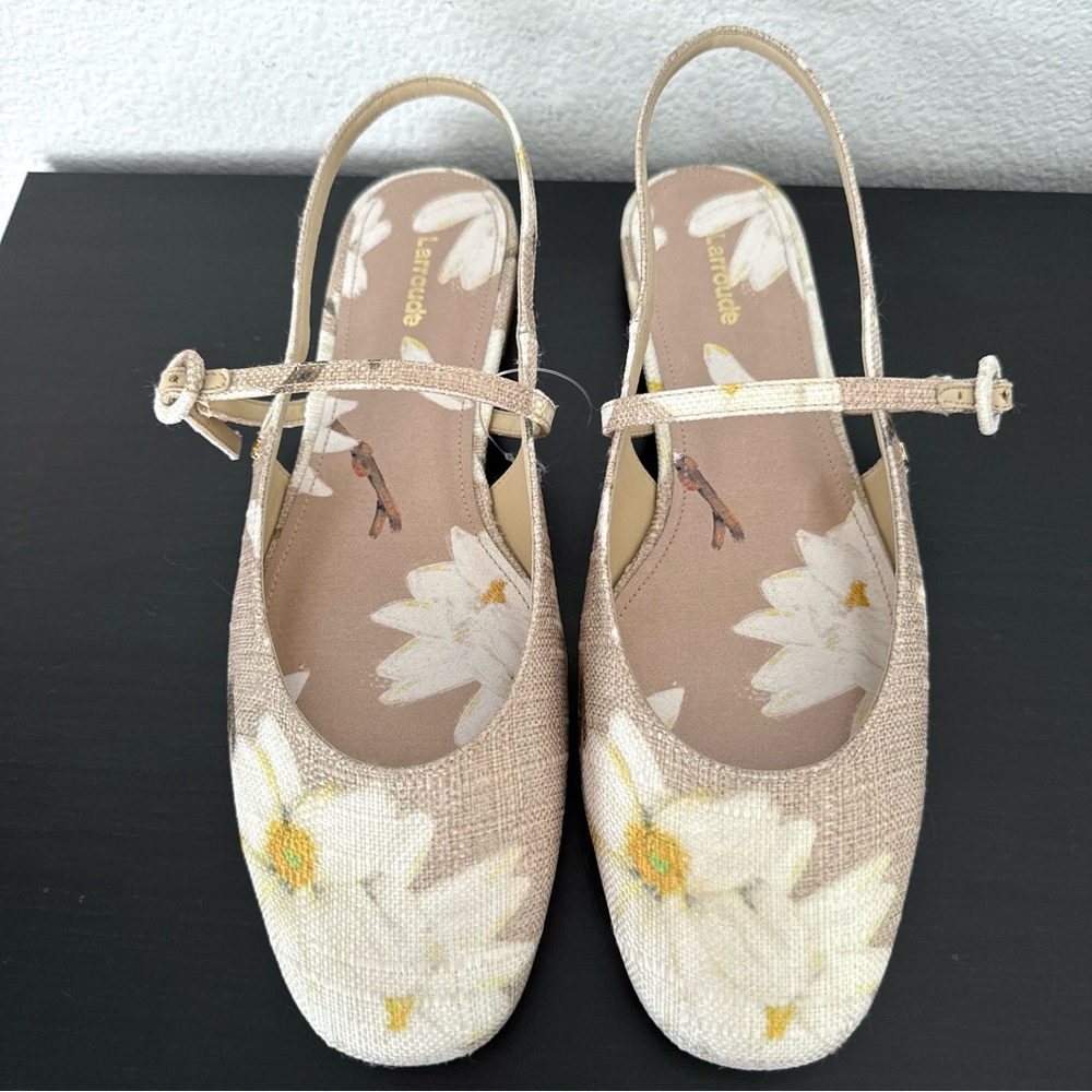 NEW Larroudé Georgina Ballet Flat In Beige Printed Raffia - Picture 2 of 11